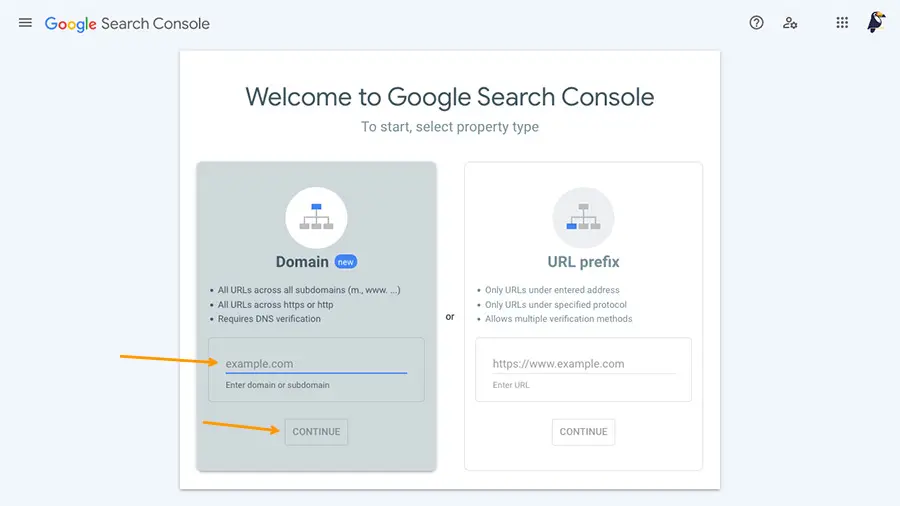 افزودن وب سایت در روش domain در پنل google search console